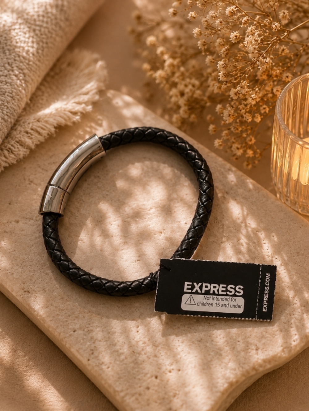 Express Brown Braided Leather Bracelet with Silver Magnetic Clasp